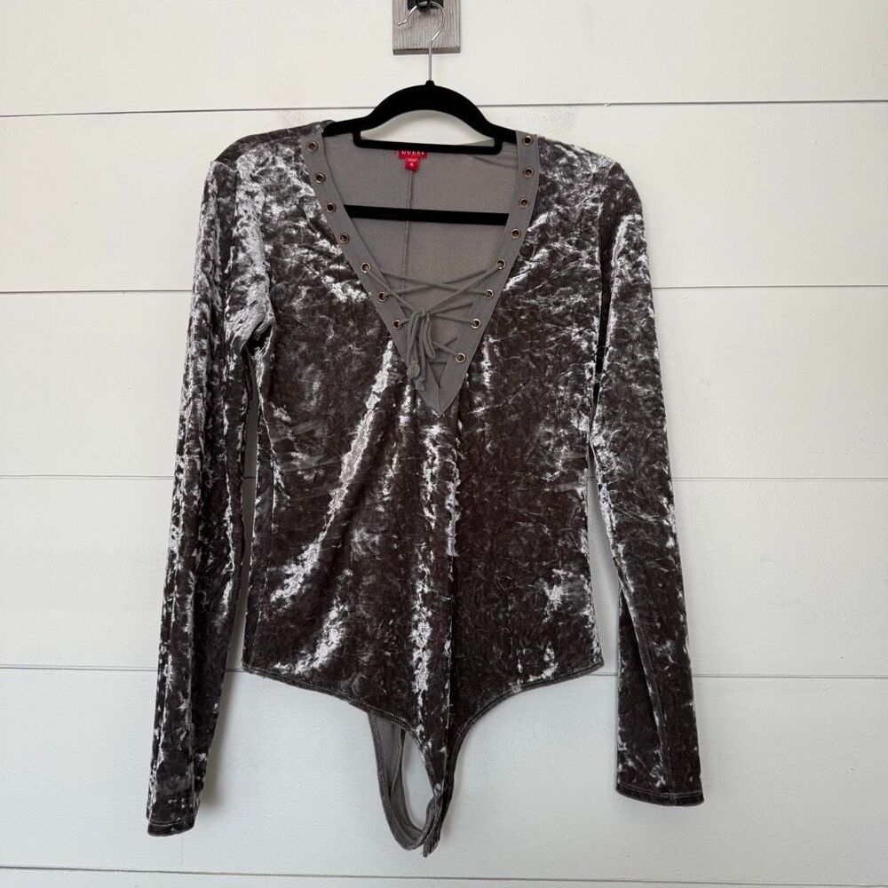 Guess Women’s Medium Lace Up Crushed Velvet Top Bodysuit